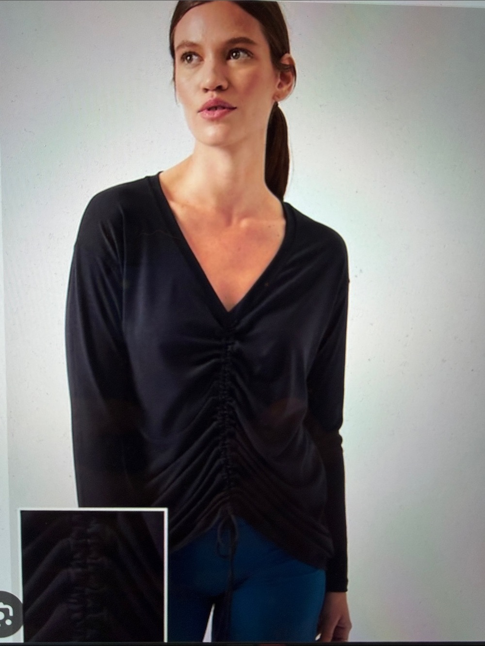 Athleta sz L Black Crossover Ruched Long Sleeve top - adj ruching